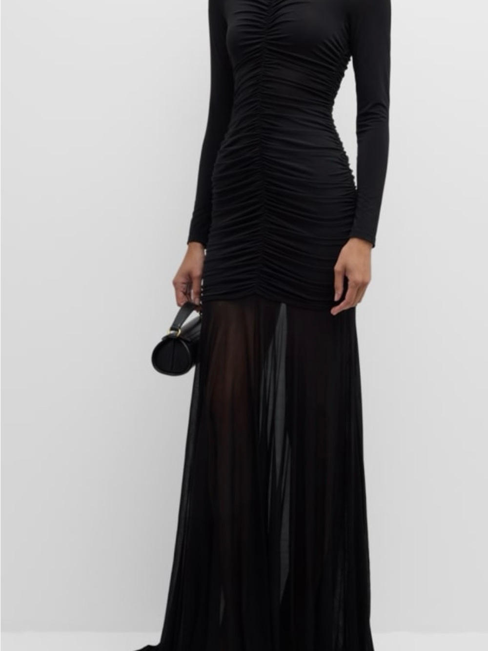 A.L.C. Black Long-Sleeve Ruched Maxi Dress with Sheer Skirt